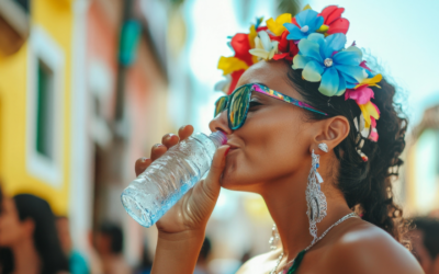 Mulher fantasiada de Carnaval bebendo água