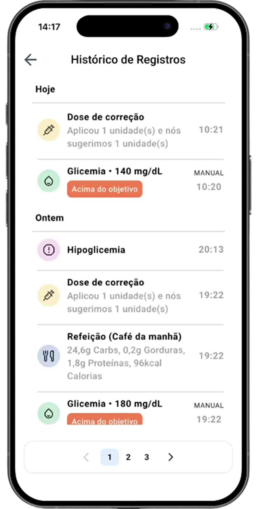 Tela do app Glic mostrando registros de glicemia, pressão e medicamentos